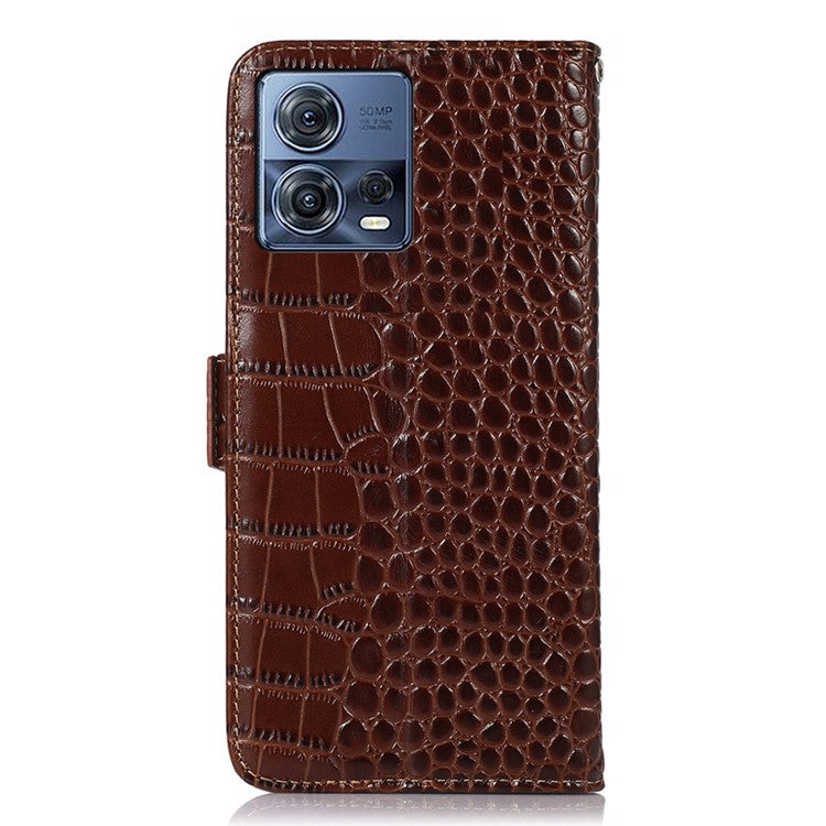 For Motorola Moto S30 Pro 5G Genuine Cowhide Leather Phone Case Crocodile Texture RFID Blocking Cover with Stand Wallet - Brown