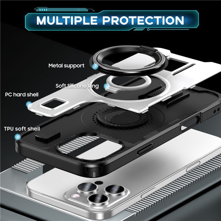 For iPhone 16 Pro Case TPU+PC Kickstand Phone Cover with Silicone Finger Strap - White