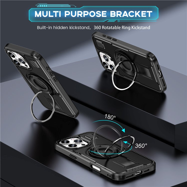 For iPhone 16 Pro Case TPU+PC Kickstand Phone Cover with Silicone Finger Strap - Black