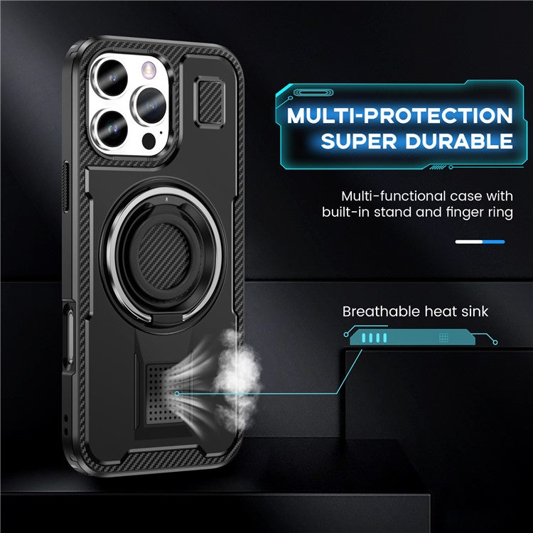 For iPhone 16 Pro Case TPU+PC Kickstand Phone Cover with Silicone Finger Strap - Black