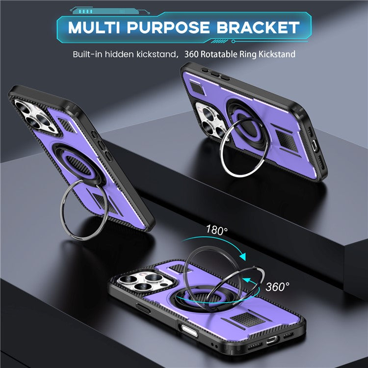 For iPhone 16 Pro Case TPU+PC Kickstand Phone Cover with Silicone Finger Strap - Purple