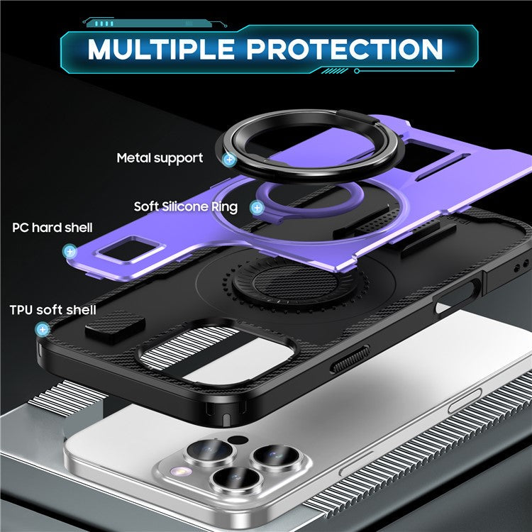 For iPhone 16 Pro Case TPU+PC Kickstand Phone Cover with Silicone Finger Strap - Purple