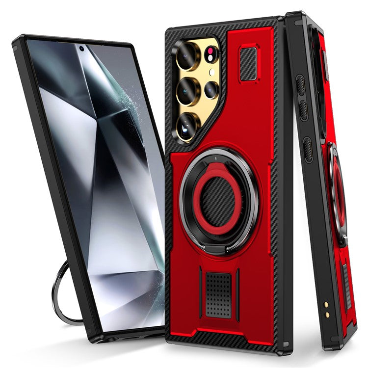 For Samsung Galaxy S24 Ultra Case TPU+PC Kickstand Phone Cover with Silicone Finger Strap - Red