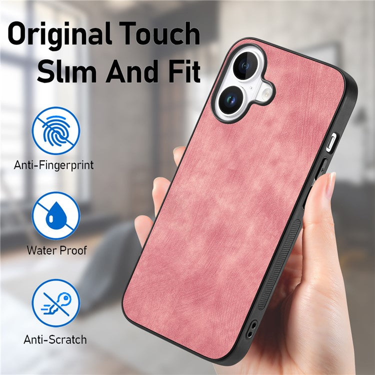 For iPhone 16 Plus Case Retro Leather + TPU Shockproof Protective Phone Cover - Pink
