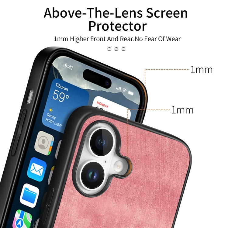 For iPhone 16 Plus Case Retro Leather + TPU Shockproof Protective Phone Cover - Pink