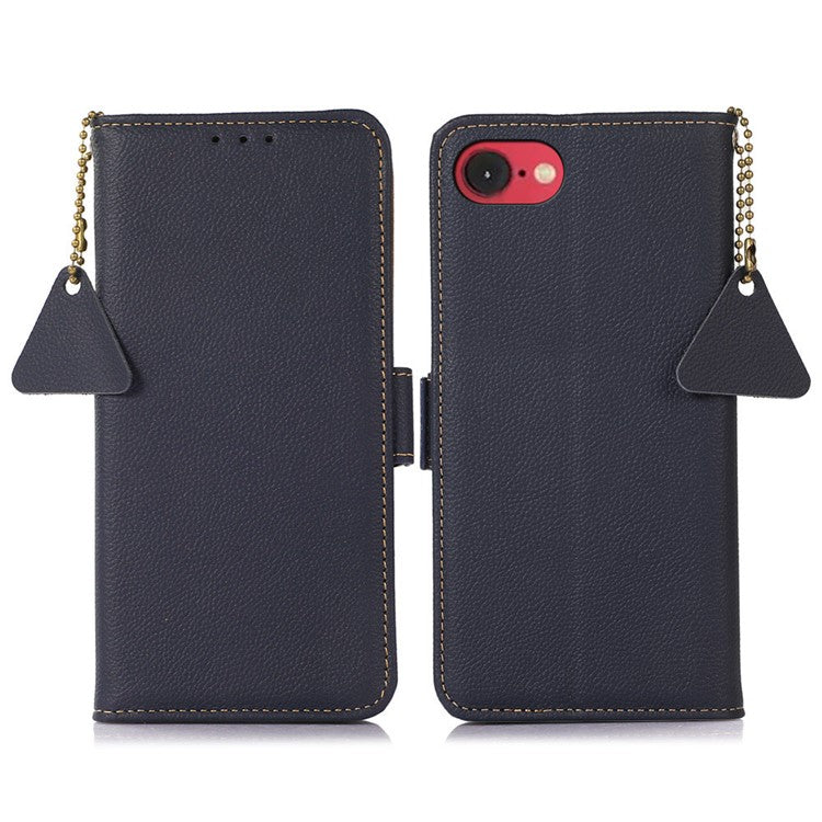 TJ For iPhone 16e Case RFID Blocking Genuine Cow Leather Phone Cover - Blue