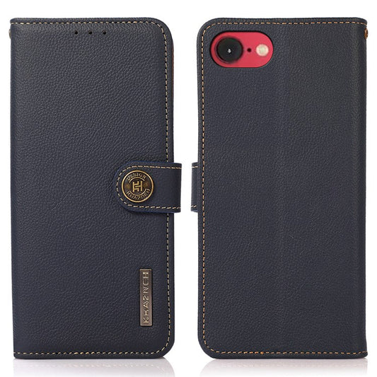 KHAZNEH For iPhone 16e Case Genuine Cow Leather Wallet Phone Cover - Blue