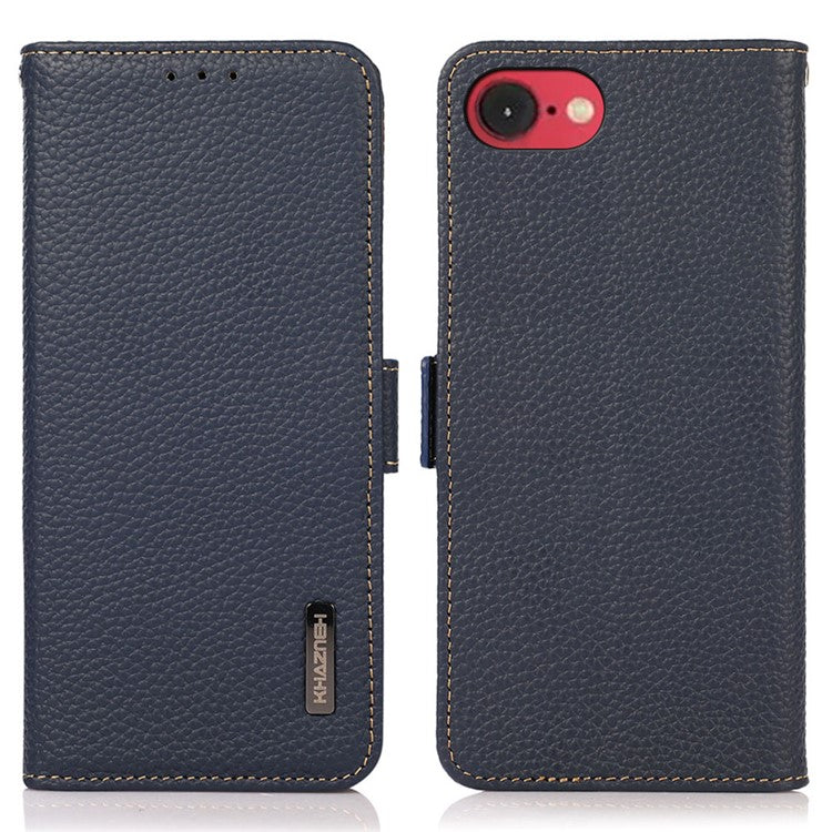 KHAZNEH For iPhone 16e Phone Case Genuine Cow Leather Cover RFID Blocking - Blue