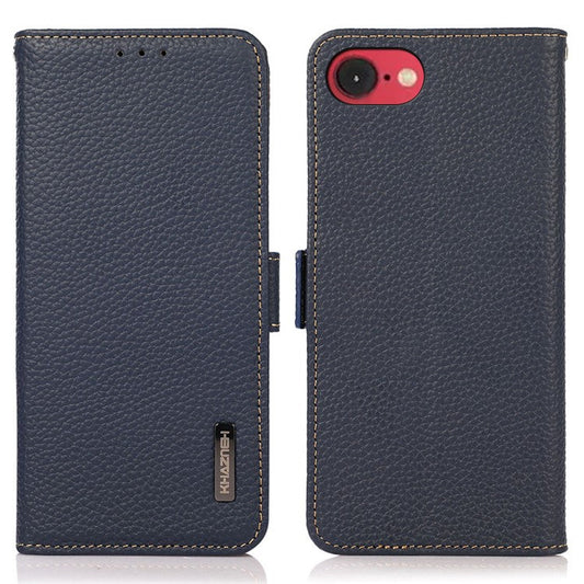 KHAZNEH For iPhone 16e Phone Case Genuine Cow Leather Cover RFID Blocking - Blue