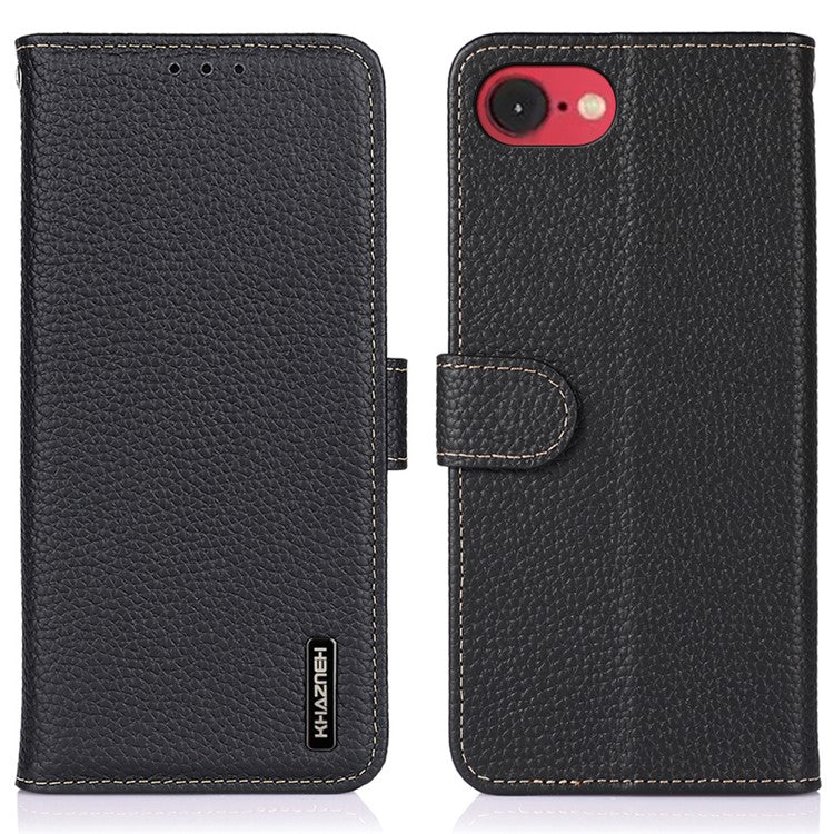 KHAZNEH For iPhone 16e Phone Case Genuine Cow Leather Flip Cover - Black