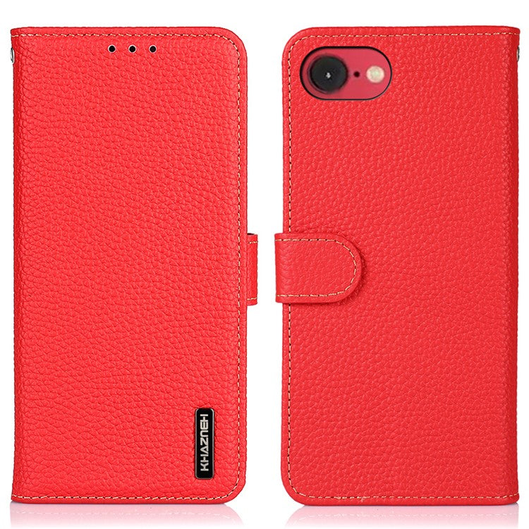 KHAZNEH For iPhone 16e Phone Case Genuine Cow Leather Flip Cover - Red