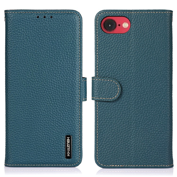 KHAZNEH For iPhone 16e Phone Case Genuine Cow Leather Flip Cover - Green