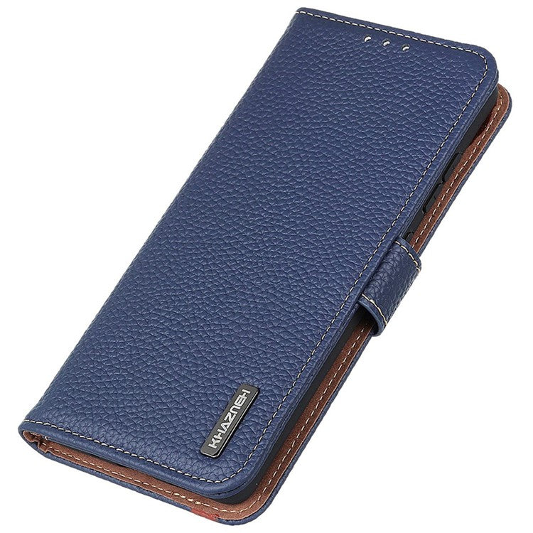 KHAZNEH For iPhone 16e Phone Case Genuine Cow Leather Flip Cover - Blue