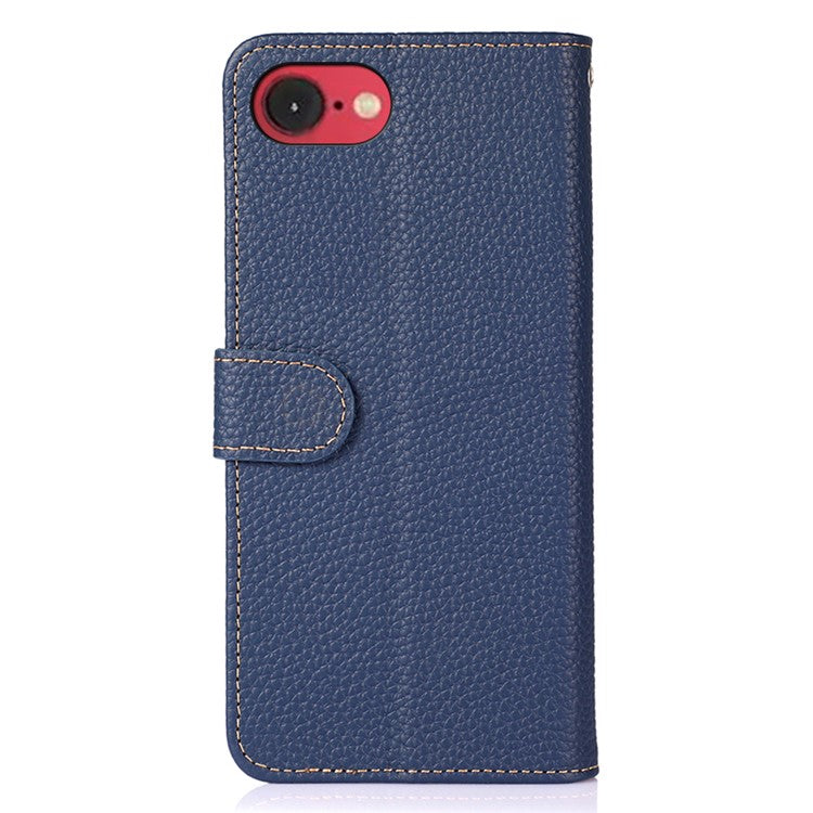 KHAZNEH For iPhone 16e Phone Case Genuine Cow Leather Flip Cover - Blue