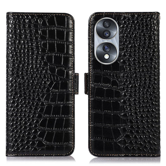 Genuine Cowhide Leather Phone Case for Honor 70 5G, Crocodile Texture Dual Magnetic Clasp RFID Blocking Cover with Stand Wallet - Black