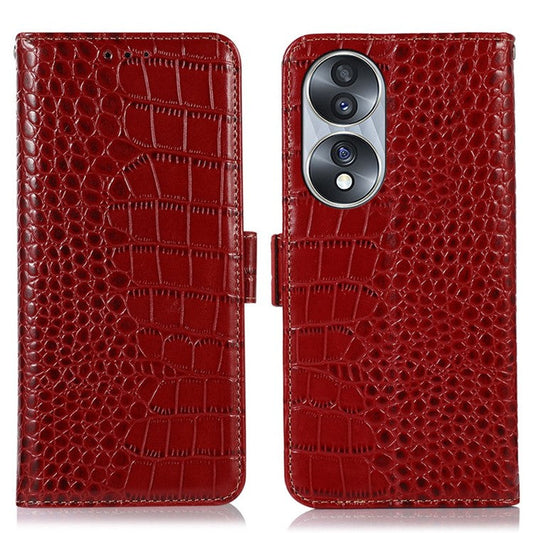 Genuine Cowhide Leather Phone Case for Honor 70 5G, Crocodile Texture Dual Magnetic Clasp RFID Blocking Cover with Stand Wallet - Red