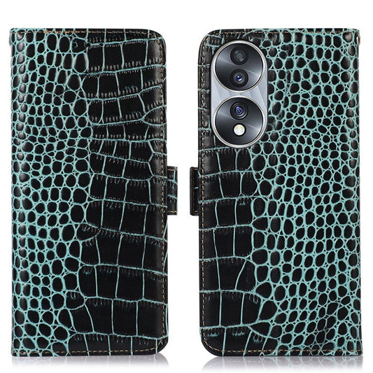Genuine Cowhide Leather Phone Case for Honor 70 5G, Crocodile Texture Dual Magnetic Clasp RFID Blocking Cover with Stand Wallet - Green