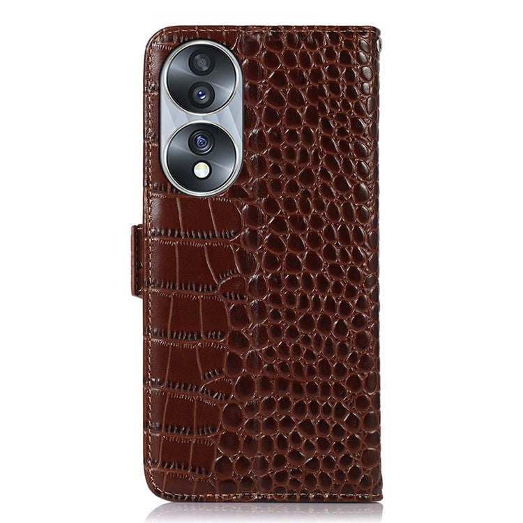 Genuine Cowhide Leather Phone Case for Honor 70 5G, Crocodile Texture Dual Magnetic Clasp RFID Blocking Cover with Stand Wallet - Brown