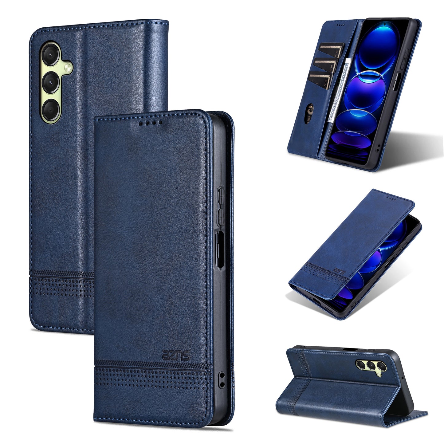 AZNS For Samsung Galaxy A16 5G / A16 4G Case Cowhide Texture PU Leather Wallet Phone Cover - Blue