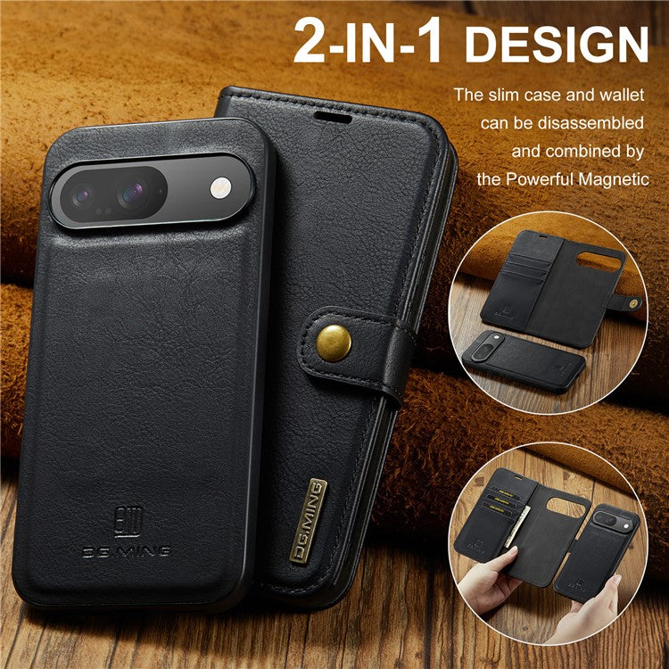 DG.MING for Google Pixel 9 / 9 Pro Case Detachable Split Leather Phone Cover - Black
