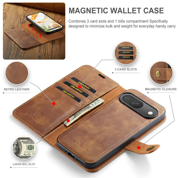 DG.MING for Google Pixel 9 / 9 Pro Case Detachable Split Leather Phone Cover - Brown
