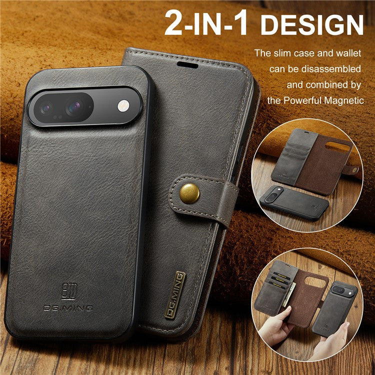 DG.MING for Google Pixel 9 / 9 Pro Case Detachable Split Leather Phone Cover - Grey