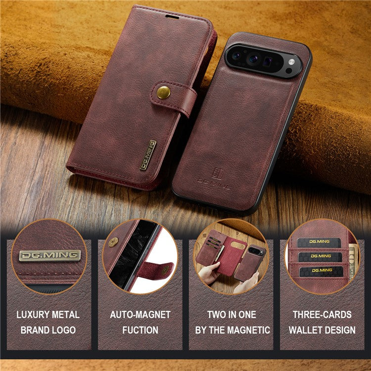 DG.MING for Google Pixel 9 Pro XL Case Detachable Split Leather Phone Cover - Red