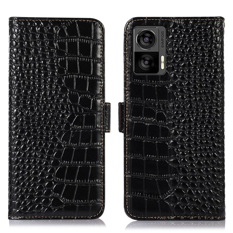 For Motorola Edge 30 Neo 5G Genuine Cowhide Leather Stand Case Crocodile Texture Phone Wallet Cover with RFID Blocking Function - Black
