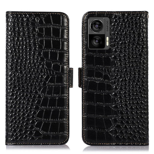 For Motorola Edge 30 Neo 5G Genuine Cowhide Leather Stand Case Crocodile Texture Phone Wallet Cover with RFID Blocking Function - Black