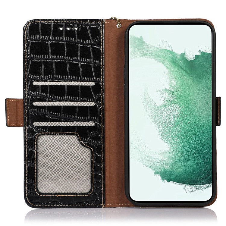 For Motorola Edge 30 Neo 5G Genuine Cowhide Leather Stand Case Crocodile Texture Phone Wallet Cover with RFID Blocking Function - Black