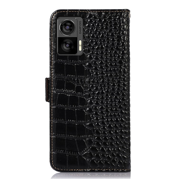 For Motorola Edge 30 Neo 5G Genuine Cowhide Leather Stand Case Crocodile Texture Phone Wallet Cover with RFID Blocking Function - Black