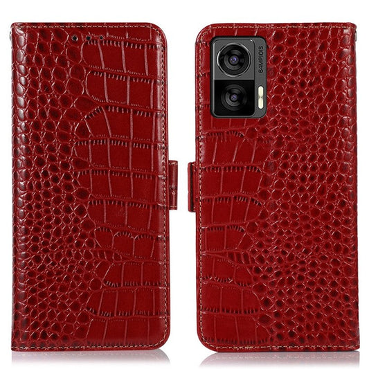 For Motorola Edge 30 Neo 5G Genuine Cowhide Leather Stand Case Crocodile Texture Phone Wallet Cover with RFID Blocking Function - Red