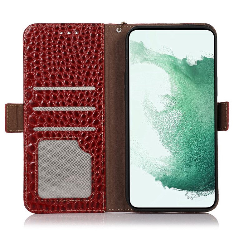 For Motorola Edge 30 Neo 5G Genuine Cowhide Leather Stand Case Crocodile Texture Phone Wallet Cover with RFID Blocking Function - Red