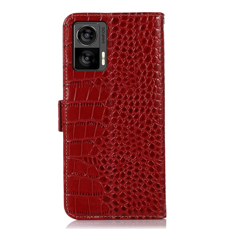 For Motorola Edge 30 Neo 5G Genuine Cowhide Leather Stand Case Crocodile Texture Phone Wallet Cover with RFID Blocking Function - Red