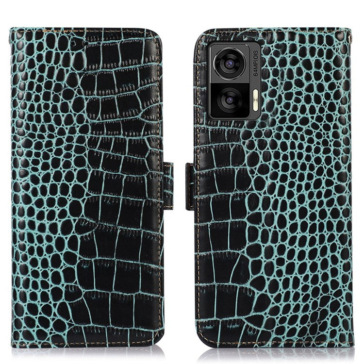 For Motorola Edge 30 Neo 5G Genuine Cowhide Leather Stand Case Crocodile Texture Phone Wallet Cover with RFID Blocking Function - Green