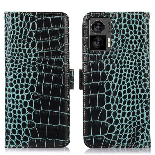 For Motorola Edge 30 Neo 5G Genuine Cowhide Leather Stand Case Crocodile Texture Phone Wallet Cover with RFID Blocking Function - Green