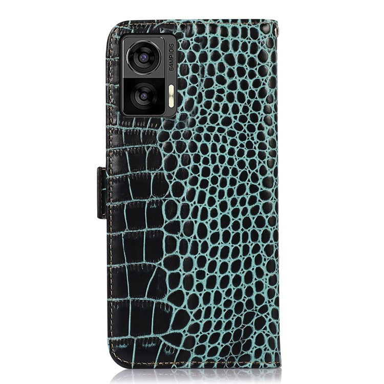 For Motorola Edge 30 Neo 5G Genuine Cowhide Leather Stand Case Crocodile Texture Phone Wallet Cover with RFID Blocking Function - Green