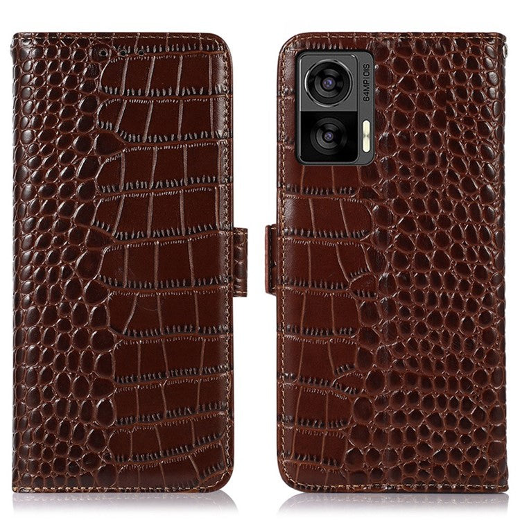 For Motorola Edge 30 Neo 5G Genuine Cowhide Leather Stand Case Crocodile Texture Phone Wallet Cover with RFID Blocking Function - Brown
