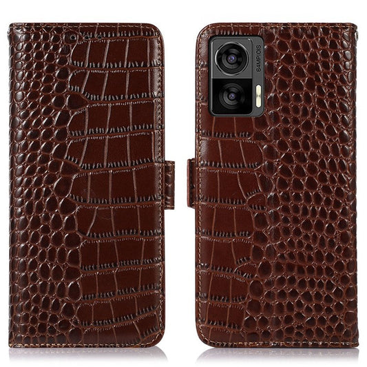 For Motorola Edge 30 Neo 5G Genuine Cowhide Leather Stand Case Crocodile Texture Phone Wallet Cover with RFID Blocking Function - Brown