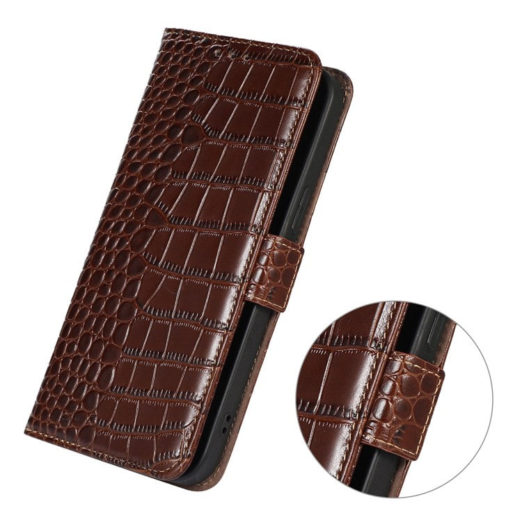 For Motorola Edge 30 Neo 5G Genuine Cowhide Leather Stand Case Crocodile Texture Phone Wallet Cover with RFID Blocking Function - Brown