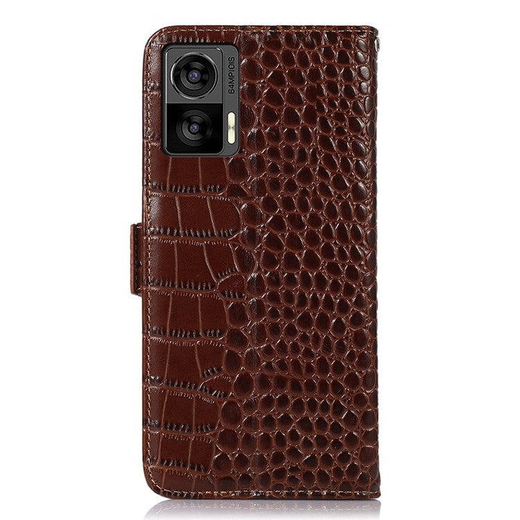 For Motorola Edge 30 Neo 5G Genuine Cowhide Leather Stand Case Crocodile Texture Phone Wallet Cover with RFID Blocking Function - Brown
