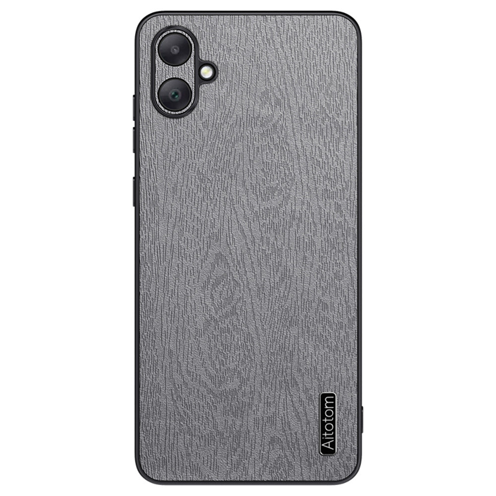 For Samsung Galaxy A06 Case Wood Texture PU Leather Coated PC+TPU Phone Cover - Grey