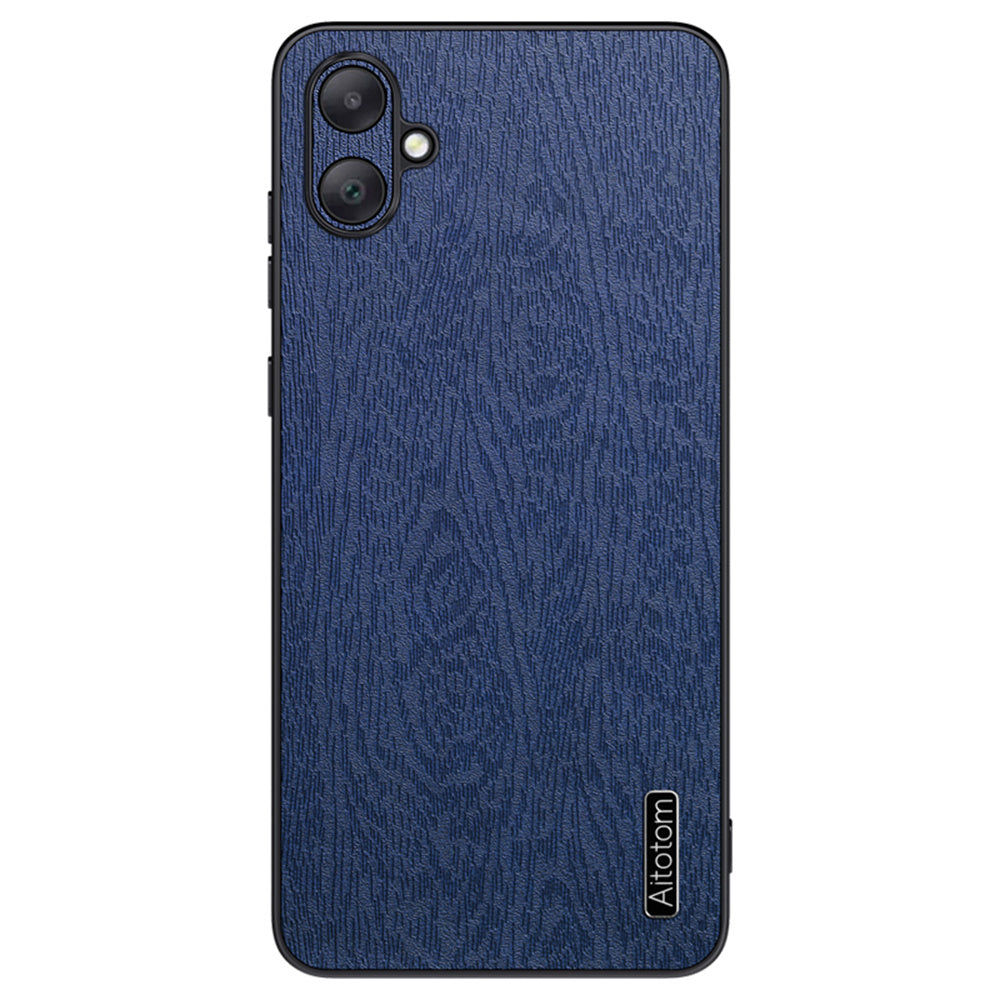 For Samsung Galaxy A06 Case Wood Texture PU Leather Coated PC+TPU Phone Cover - Blue