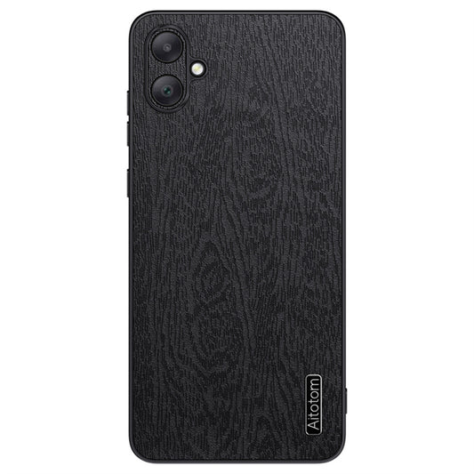 For Samsung Galaxy A06 Case Wood Texture PU Leather Coated PC+TPU Phone Cover - Black