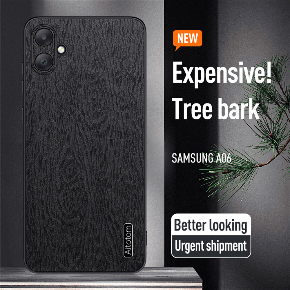 For Samsung Galaxy A06 Case Wood Texture PU Leather Coated PC+TPU Phone Cover - Black