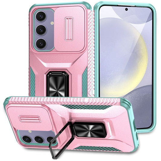 For Samsung Galaxy S24 FE Case Camshield Kickstand TPU+PC Anti-Slip Phone Cover - Pink+Grey Green