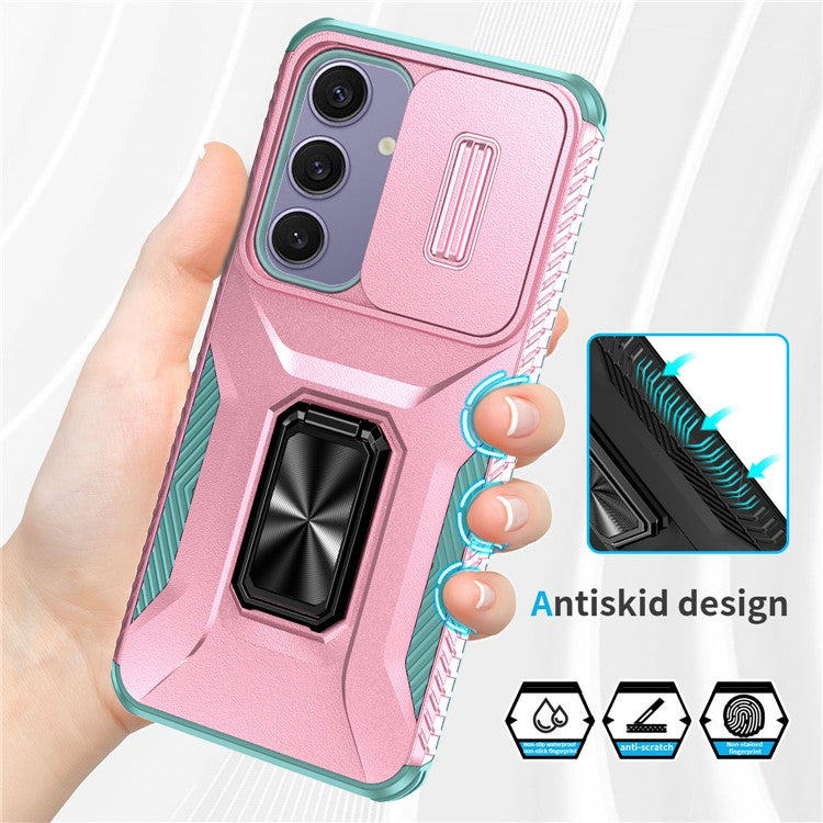 For Samsung Galaxy S24 FE Case Camshield Kickstand TPU+PC Anti-Slip Phone Cover - Pink+Grey Green