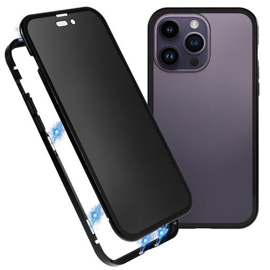 For iPhone 16 Pro Anti-Spy Case Magnetic Metal Frame + Double-Sided Tempered Glass Phone Cover - Black
