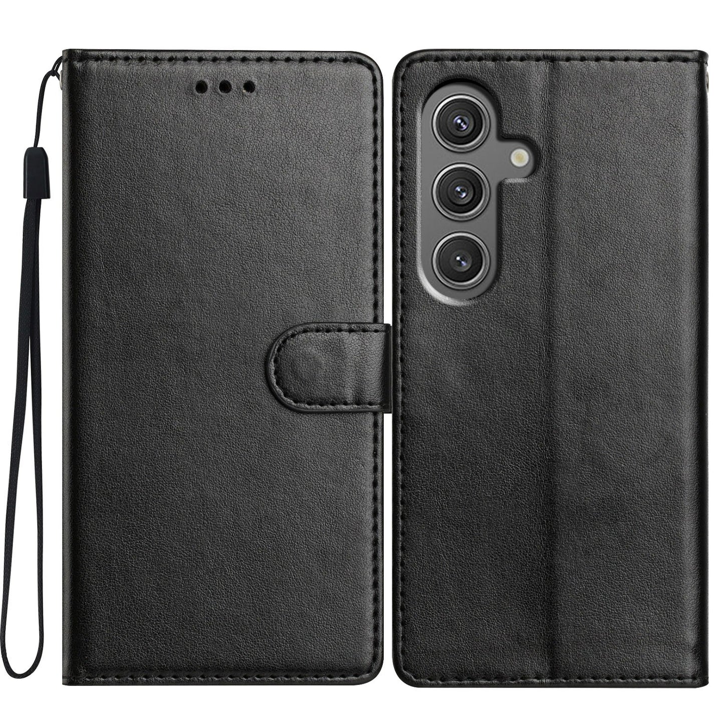 For Samsung Galaxy A16 5G / A16 4G Leather Phone Case Wallet Stand Cover with Handy Strap - Black