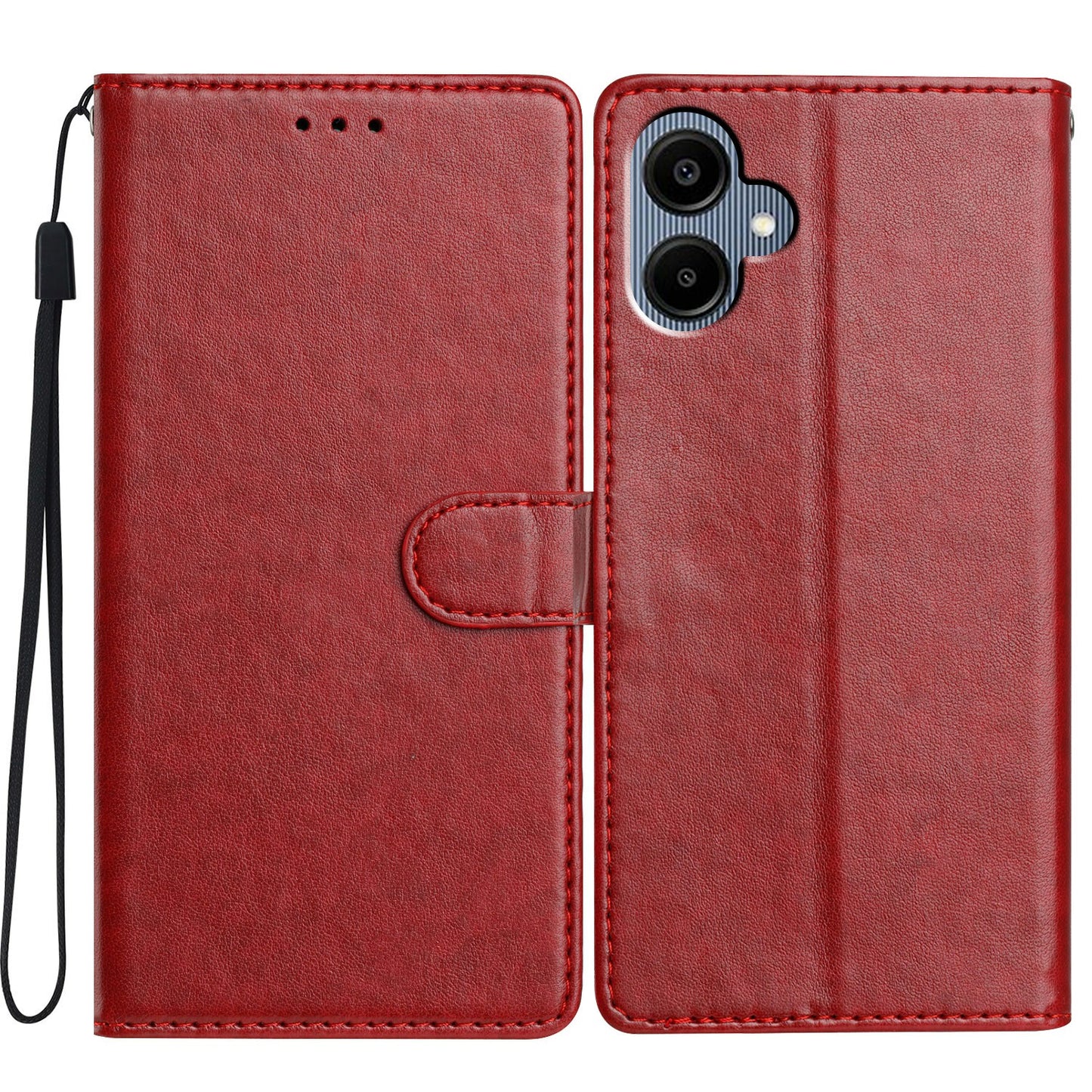 For Samsung Galaxy A06 Leather Phone Case Wallet Stand Cover with Handy Strap - Red